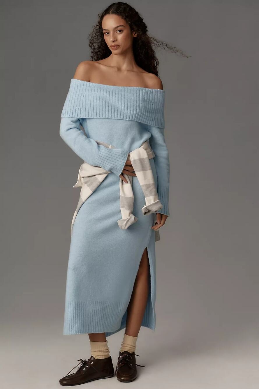 New Anthropologie Daily Practice Off-Shoulder Foldover Midi Sweater Dress $148 M